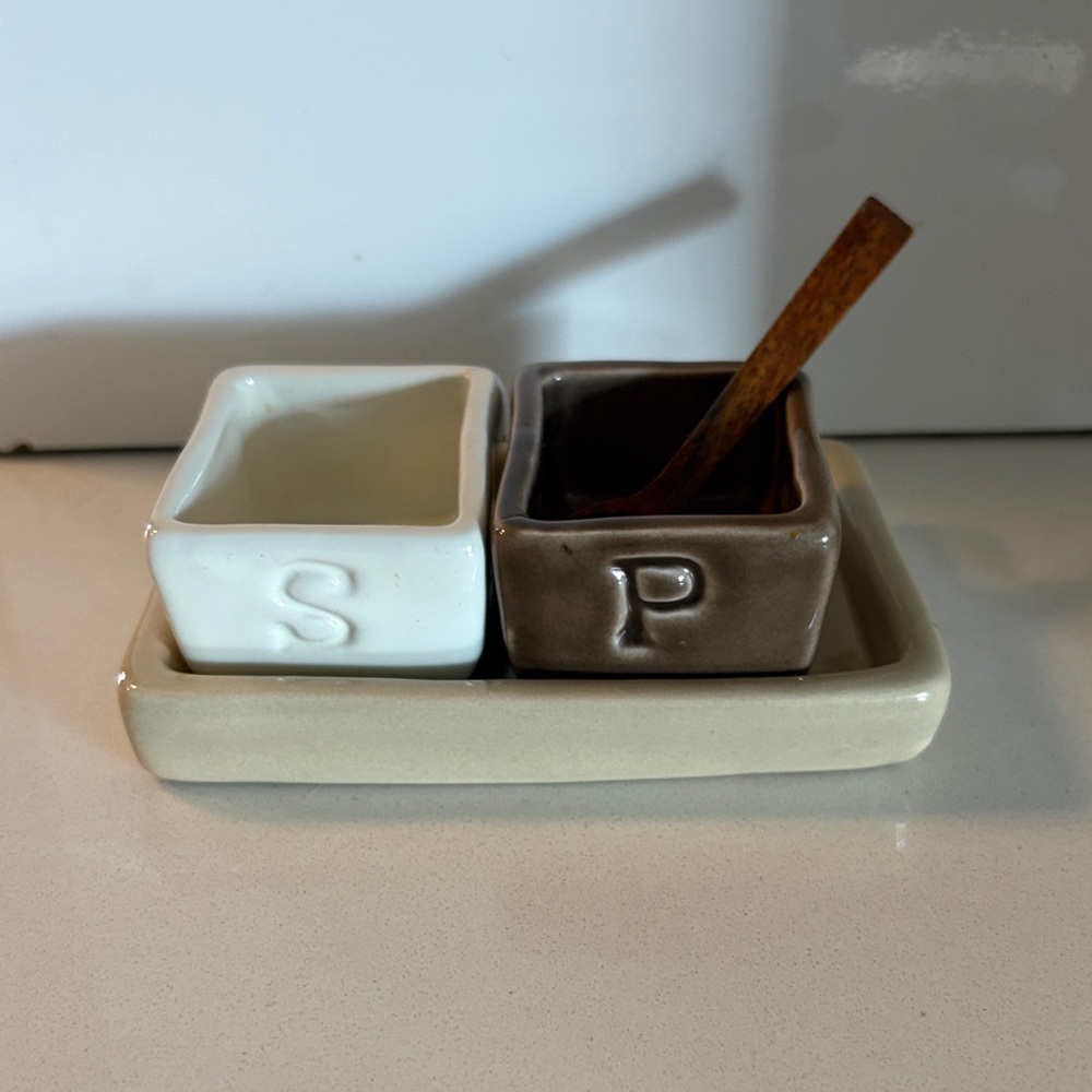 Barbara Eigen for Pottery Barn Ceramic Salt & Pepper Cellar Set with Spoon